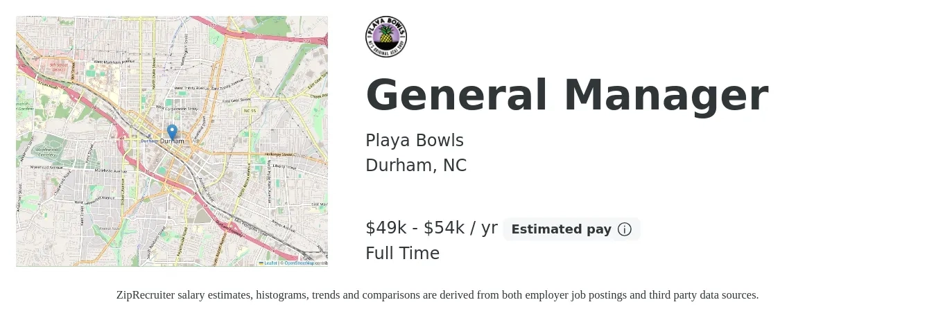 Playa Bowls job posting for a General Manager in Durham, NC with a salary of $50,000 to $55,000 Yearly with a map of Durham location.