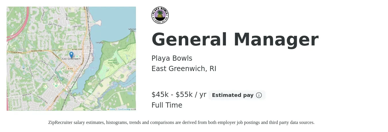 Playa Bowls job posting for a General Manager in East Greenwich, RI with a salary of $45,000 to $55,000 Yearly with a map of East Greenwich location.