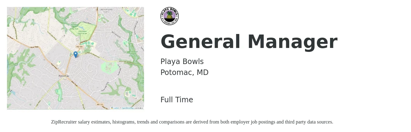 Playa Bowls job posting for a General Manager in Potomac, MD with a salary of $51,200 to $76,500 Yearly with a map of Potomac location.