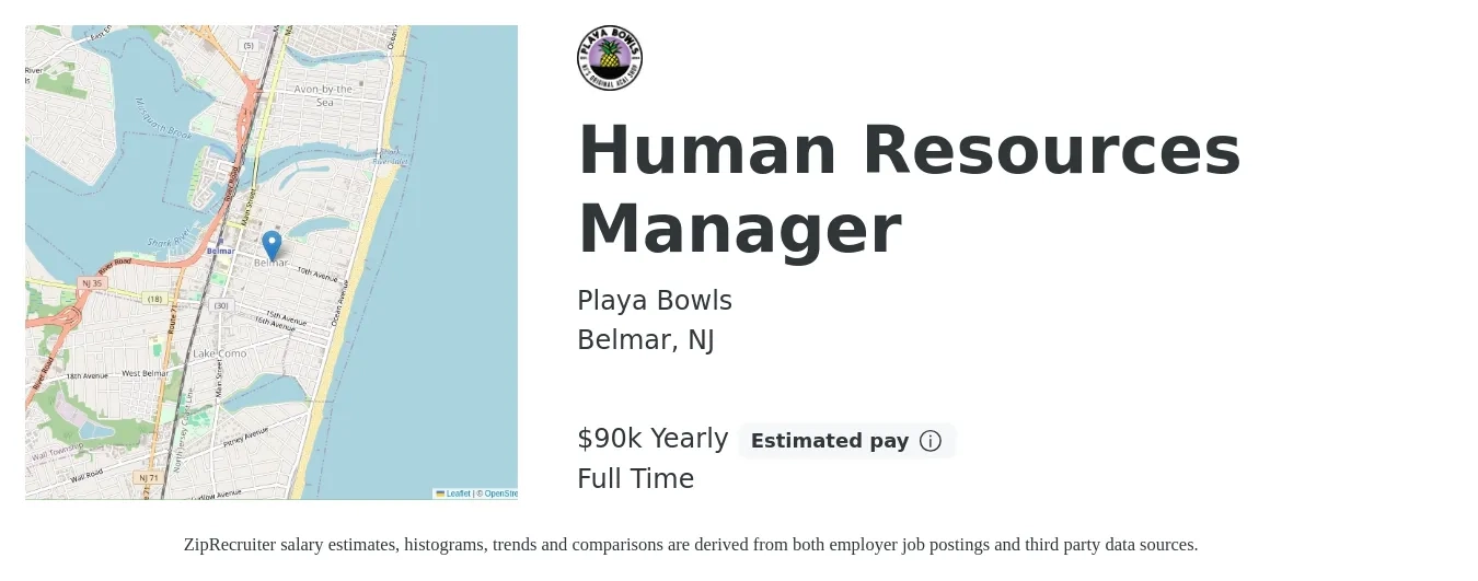 Playa Bowls job posting for a Human Resources Manager in Belmar, NJ with a salary of $90,000 Yearly with a map of Belmar location.