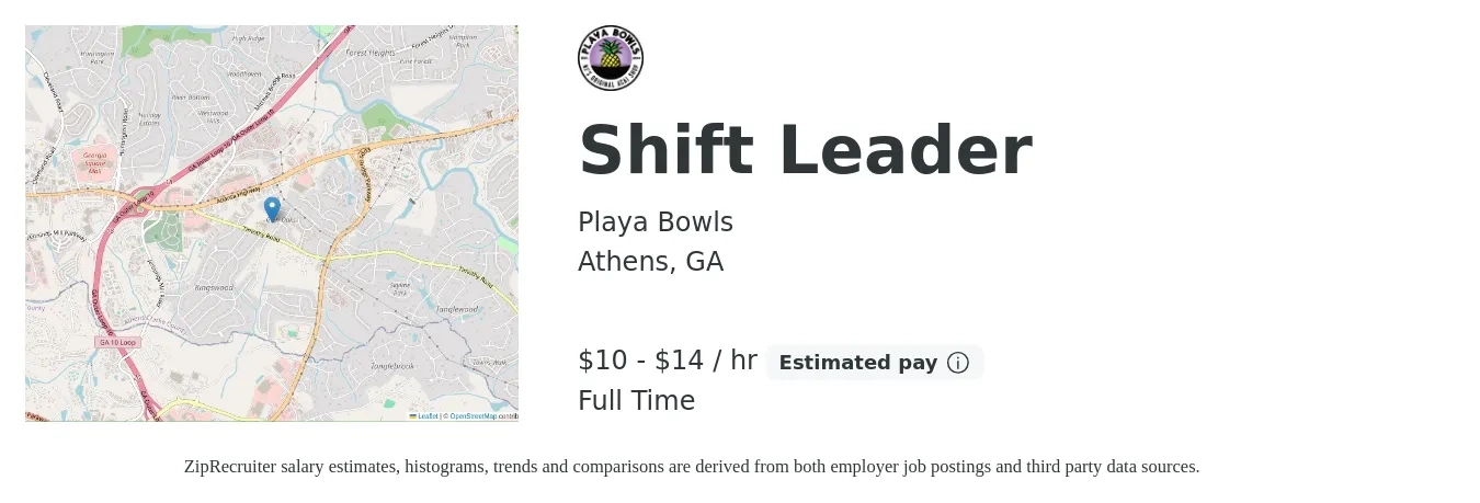 Playa Bowls job posting for a Shift Leader in Athens, GA with a salary of $11 to $15 Hourly with a map of Athens location.