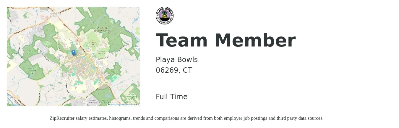 Playa Bowls job posting for a Team Member in 06269, CT with a salary of $12 to $16 Hourly with a map of 06269 location.