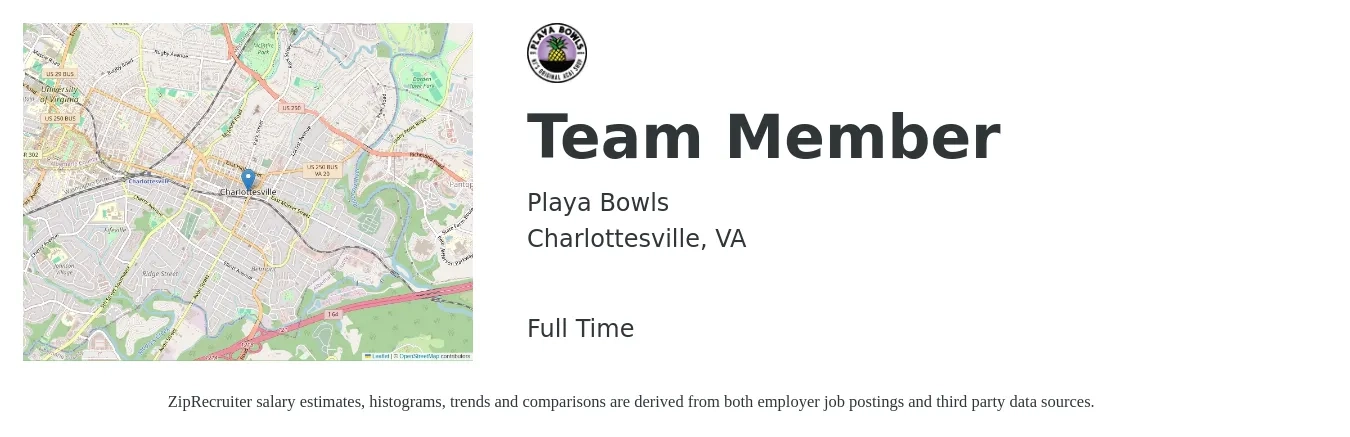 Playa Bowls job posting for a Team Member in Charlottesville, VA with a salary of $12 to $16 Hourly with a map of Charlottesville location.