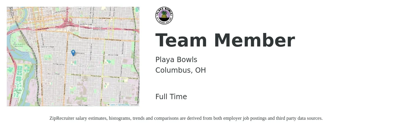 Playa Bowls job posting for a Team Member in Columbus, OH with a salary of $12 to $15 Hourly with a map of Columbus location.