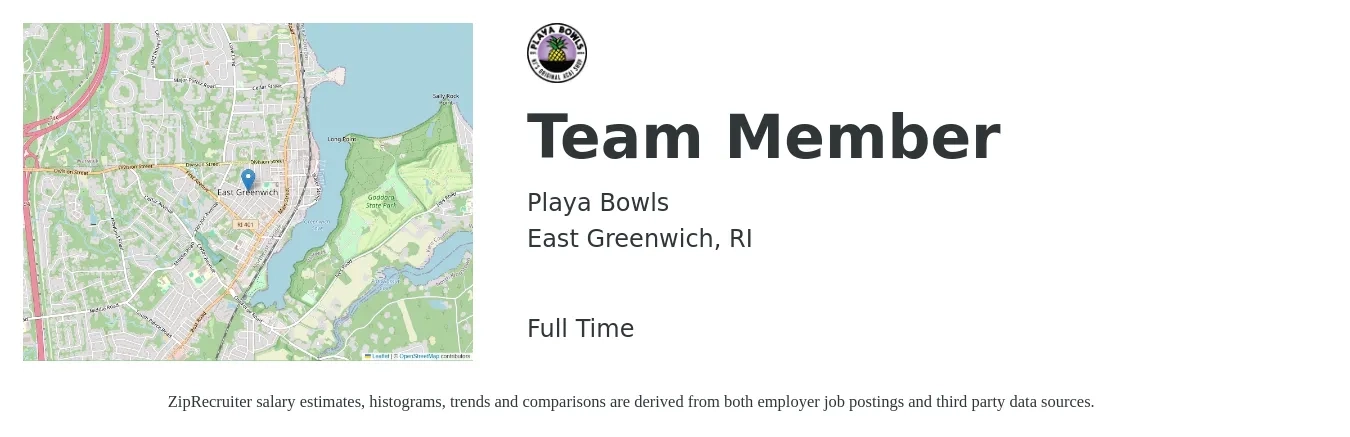 Playa Bowls job posting for a Team Member in East Greenwich, RI with a salary of $12 to $16 Hourly with a map of East Greenwich location.