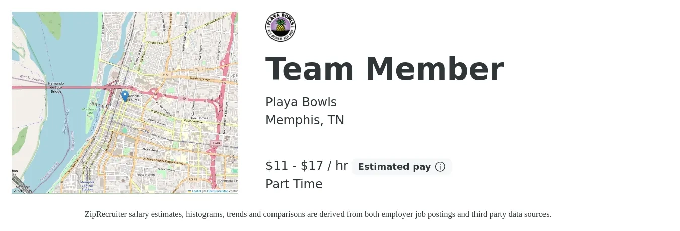 Playa Bowls job posting for a Team Member in Memphis, TN with a salary of $12 to $18 Hourly with a map of Memphis location.