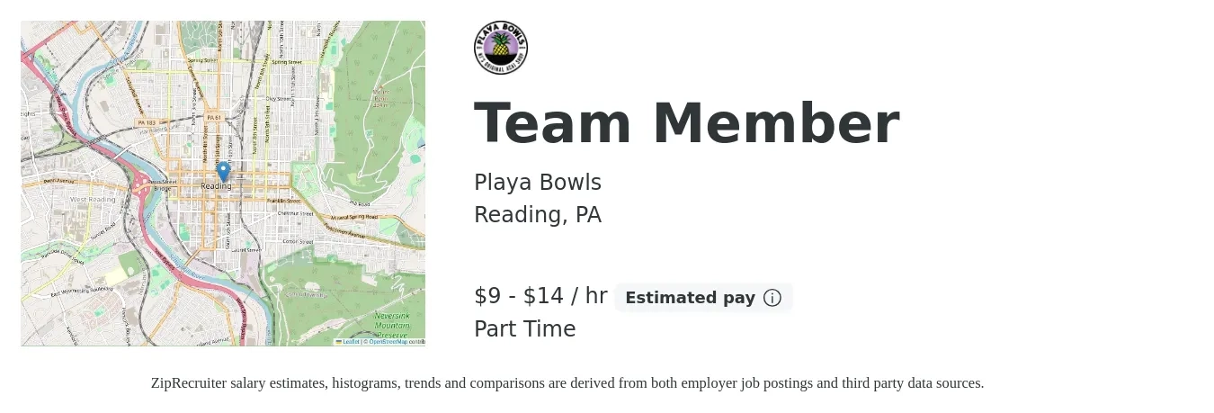 Playa Bowls job posting for a Team Member in Reading, PA with a salary of $10 to $15 Hourly with a map of Reading location.