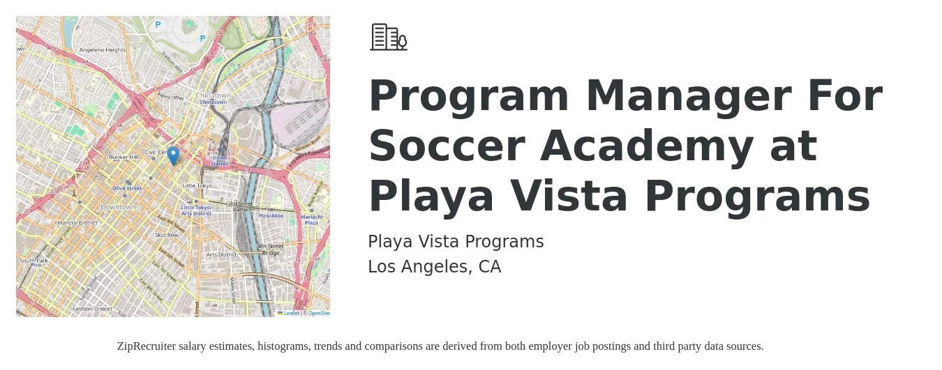 Playa Vista Programs job posting for a Program Manager For Soccer Academy at Playa Vista Programs in Los Angeles, CA with a salary of $85,700 to $142,800 Yearly with a map of Los Angeles location.