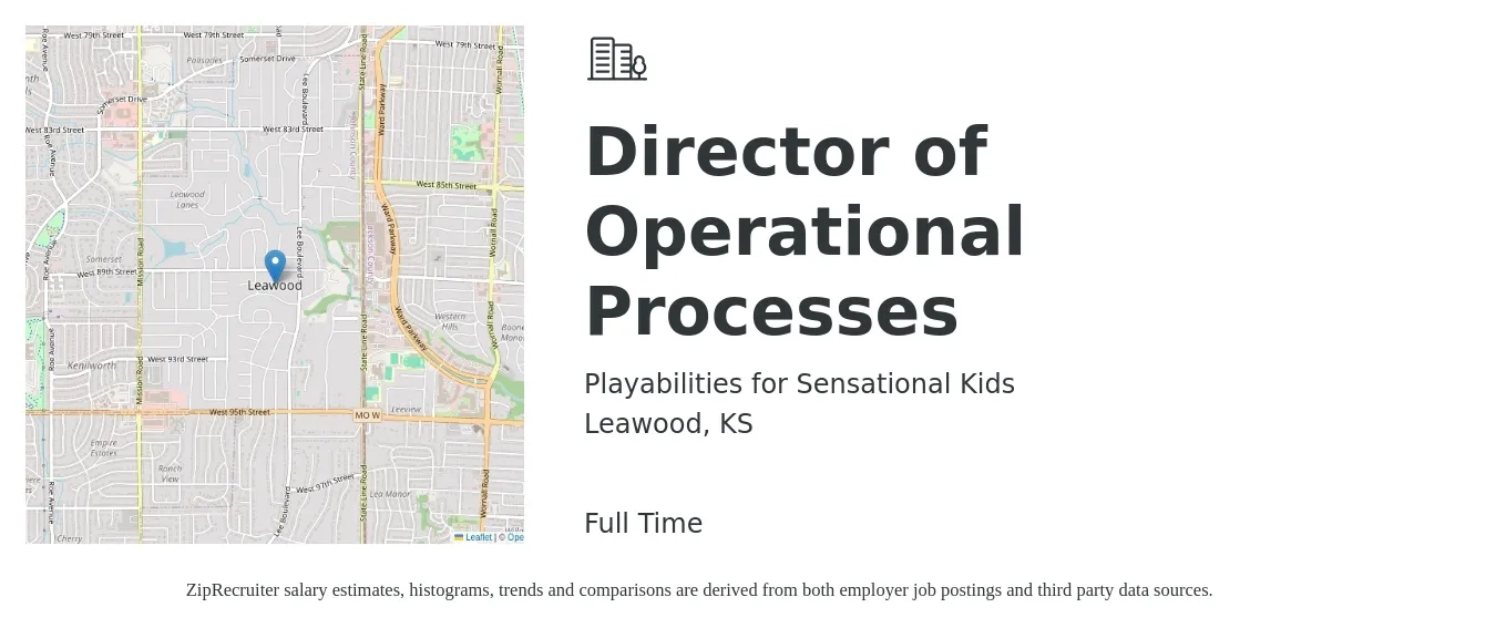 Playabilities for Sensational Kids job posting for a Director of Operational Processes in Leawood, KS with a salary of $73,500 to $131,800 Yearly with a map of Leawood location.