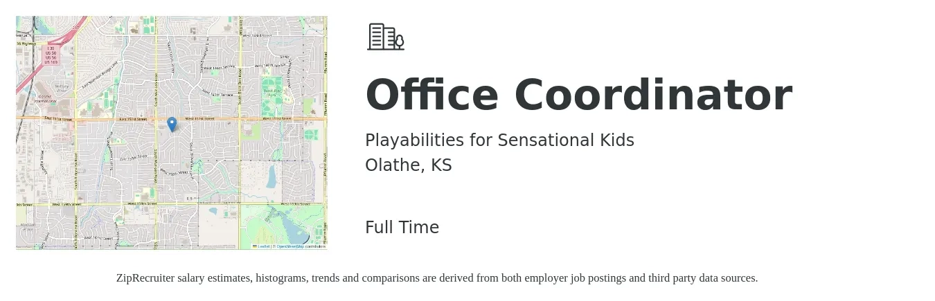 Playabilities for Sensational Kids job posting for a Office Coordinator in Olathe, KS with a salary of $40,000 Yearly with a map of Olathe location.