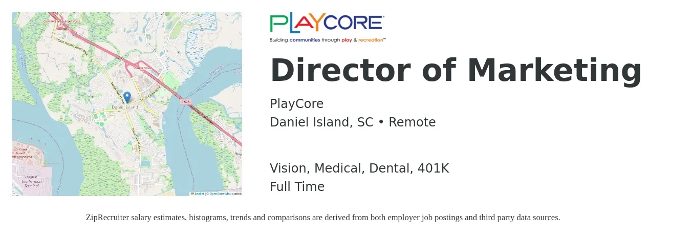 PlayCore job posting for a Director of Marketing in Daniel Island, SC with a salary of $68,200 to $125,400 Yearly and benefits including 401k, dental, life_insurance, medical, and vision with a map of Daniel Island location.