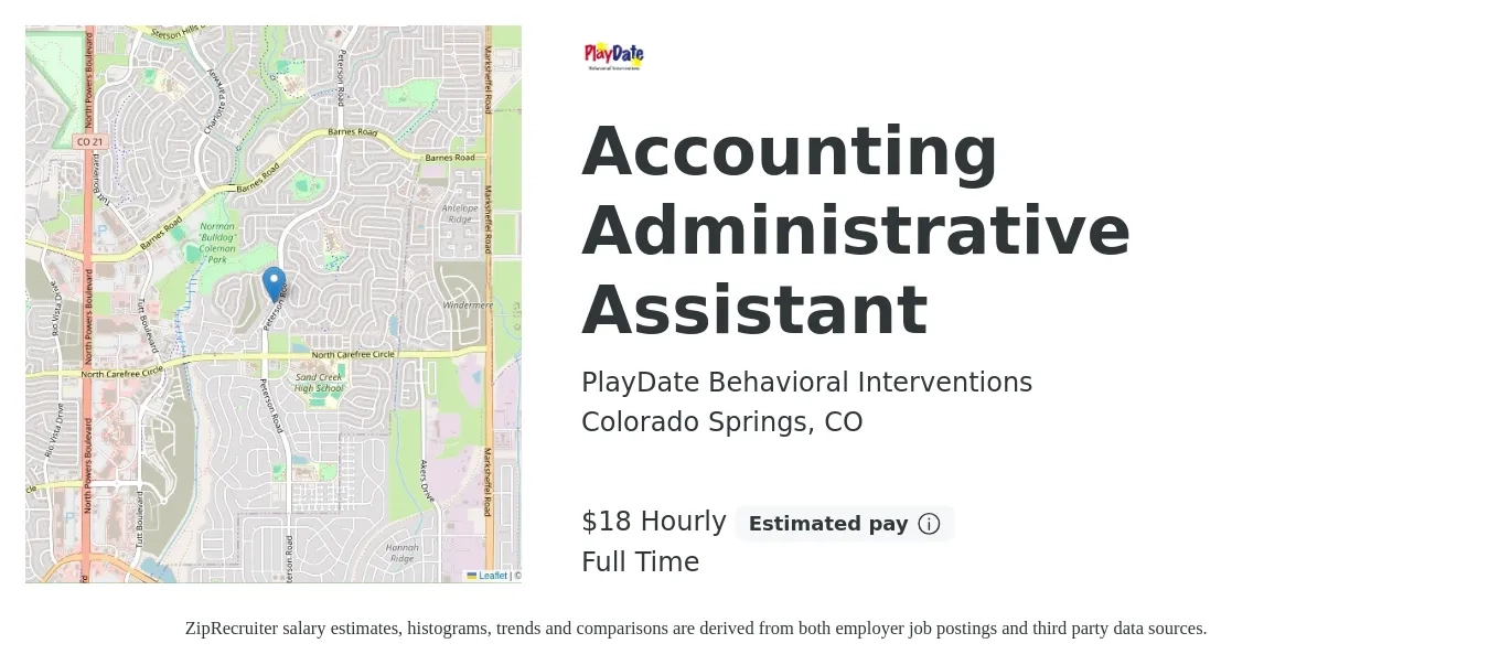 PlayDate Behavioral Interventions job posting for a Accounting Administrative Assistant in Colorado Springs, CO with a salary of $19 Hourly with a map of Colorado Springs location.