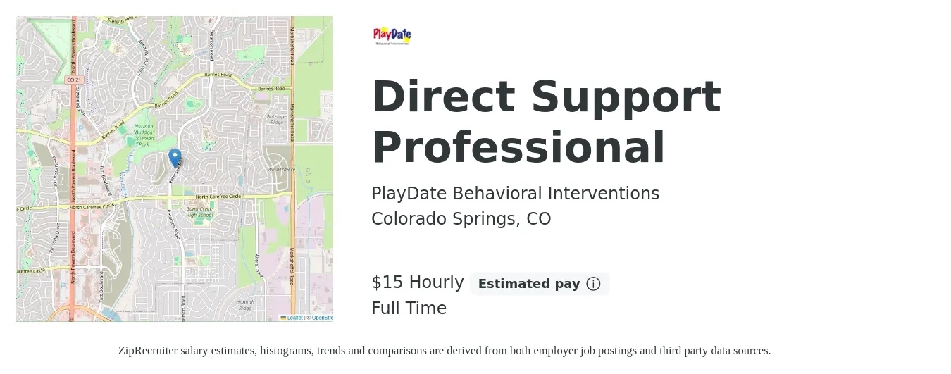 PlayDate Behavioral Interventions job posting for a Direct Support Professional in Colorado Springs, CO with a salary of $16 Hourly with a map of Colorado Springs location.