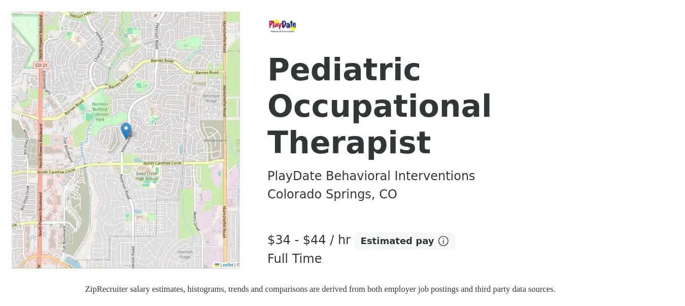 PlayDate Behavioral Interventions job posting for a Pediatric Occupational Therapist in Colorado Springs, CO with a salary of $36 to $46 Hourly with a map of Colorado Springs location.
