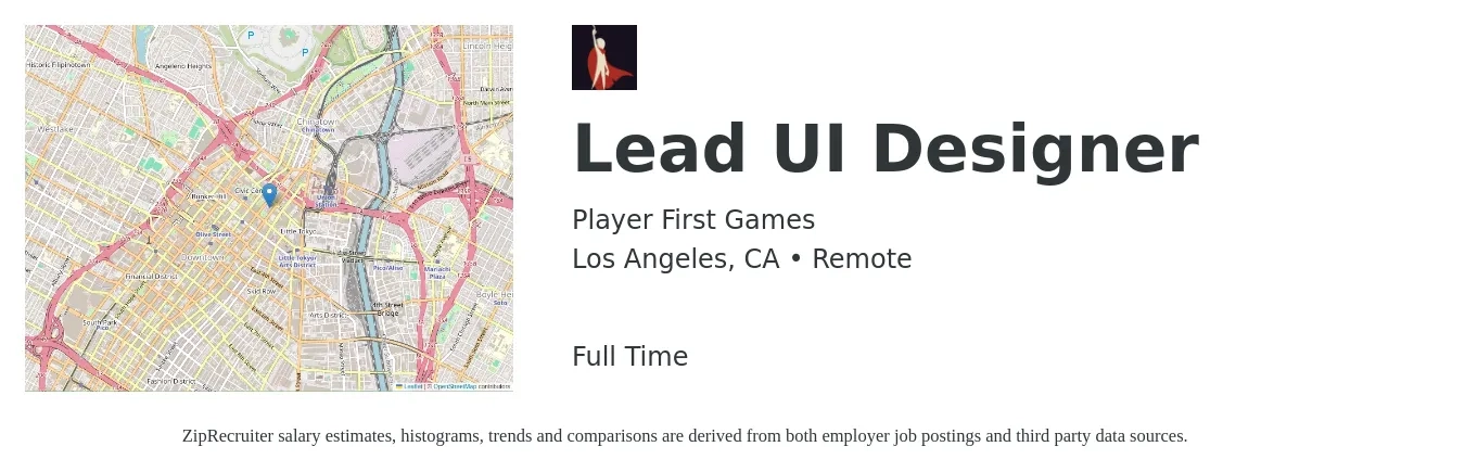 Player First Games job posting for a Lead UI Designer in Los Angeles, CA with a salary of $170,000 to $190,000 Yearly with a map of Los Angeles location.