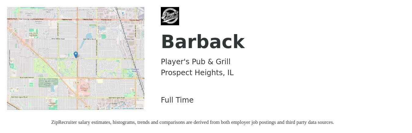 Player's Pub & Grill job posting for a Barback in Prospect Heights, IL with a salary of $10 to $16 Hourly with a map of Prospect Heights location.