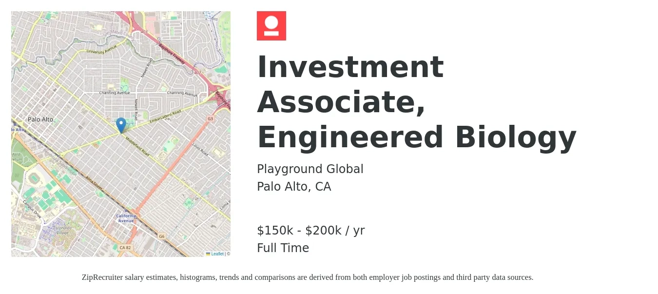 Playground Global job posting for a Investment Associate, Engineered Biology in Palo Alto, CA with a salary of $150,000 to $200,000 Yearly with a map of Palo Alto location.