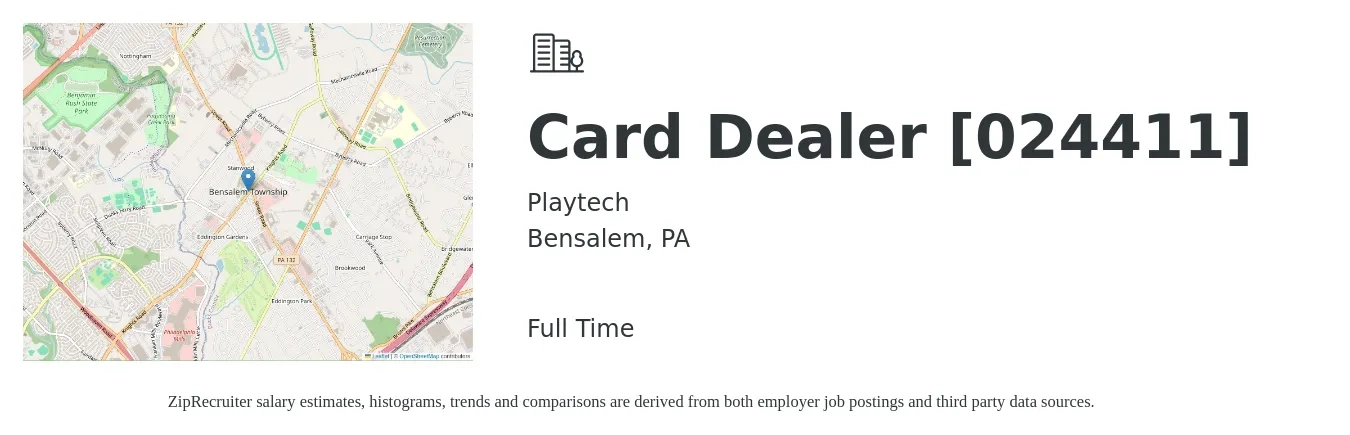 Playtech job posting for a Card Dealer [024411] in Bensalem, PA with a salary of $14 to $23 Hourly with a map of Bensalem location.