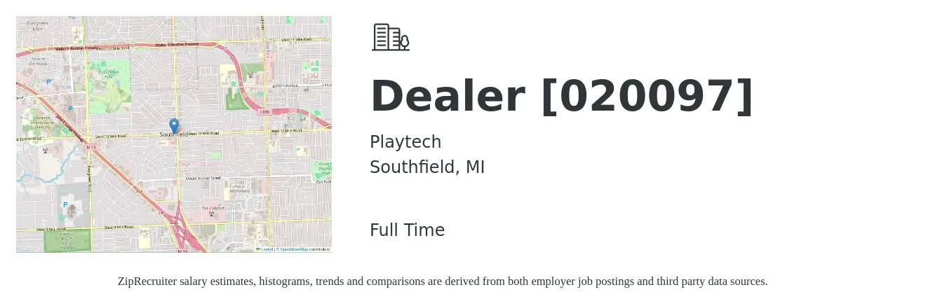 Playtech job posting for a Dealer [020097] in Southfield, MI with a salary of $14 to $22 Hourly with a map of Southfield location.