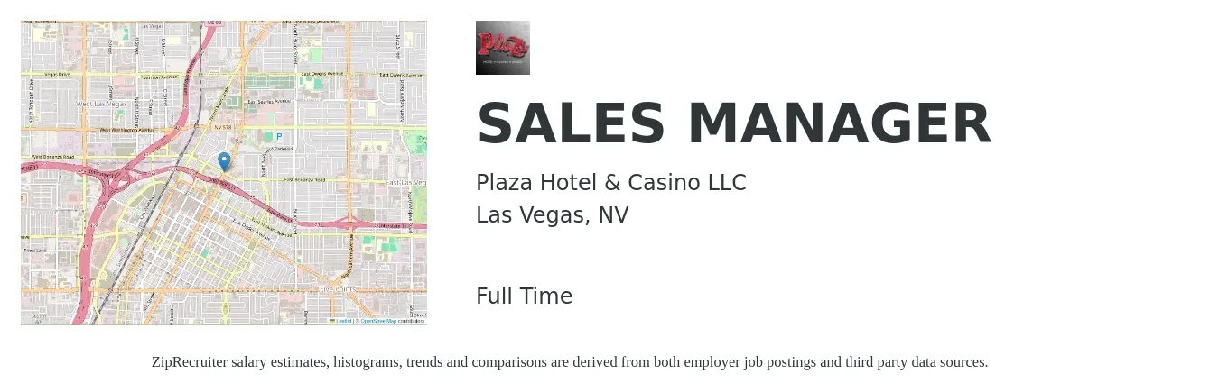 Plaza Hotel & Casino LLC job posting for a SALES MANAGER in Las Vegas, NV with a salary of $43,000 to $92,200 Yearly with a map of Las Vegas location.