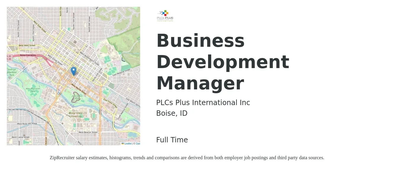 PLCs Plus International Inc job posting for a Business Development Manager in Boise, ID with a salary of $50,000 Yearly with a map of Boise location.