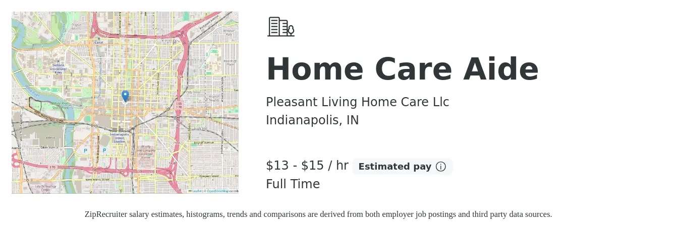 Pleasant Living Home Care Llc job posting for a Home Care Aide in Indianapolis, IN with a salary of $14 to $16 Hourly with a map of Indianapolis location.