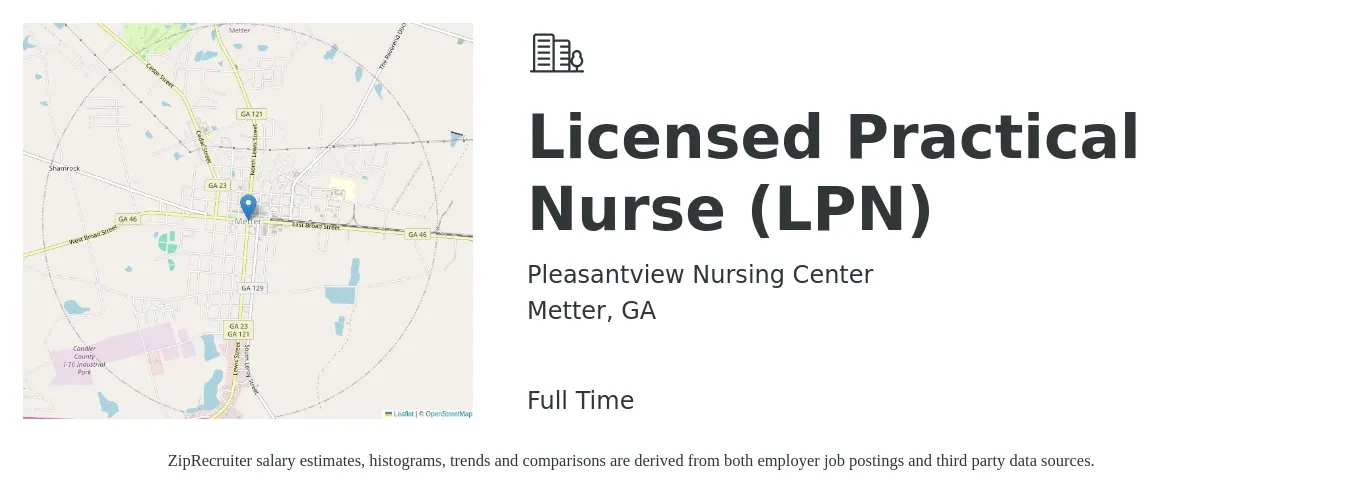 Pleasantview Nursing Center job posting for a Licensed Practical Nurse (LPN) in Metter, GA with a salary of $20 to $28 Hourly with a map of Metter location.