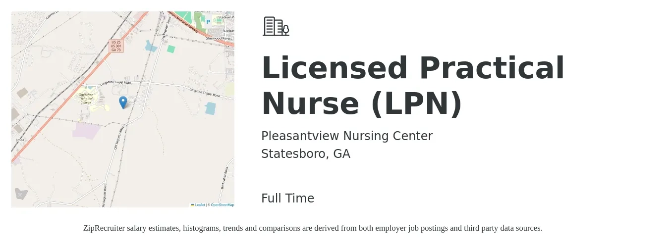 Pleasantview Nursing Center job posting for a Licensed Practical Nurse (LPN) in Statesboro, GA with a salary of $22 to $30 Hourly with a map of Statesboro location.