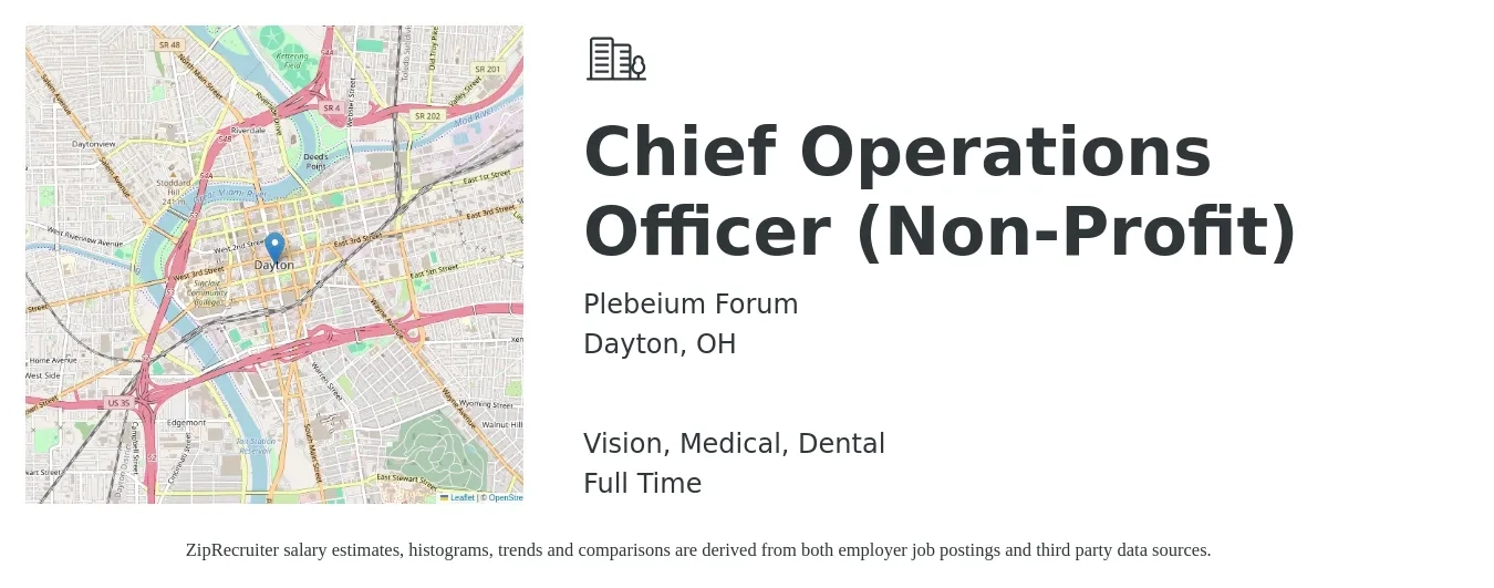 Plebeium Forum job posting for a Chief Operations Officer (Non-Profit) in Dayton, OH with a salary of $108,400 to $179,800 Yearly and benefits including pto, retirement, vision, dental, life_insurance, and medical with a map of Dayton location.