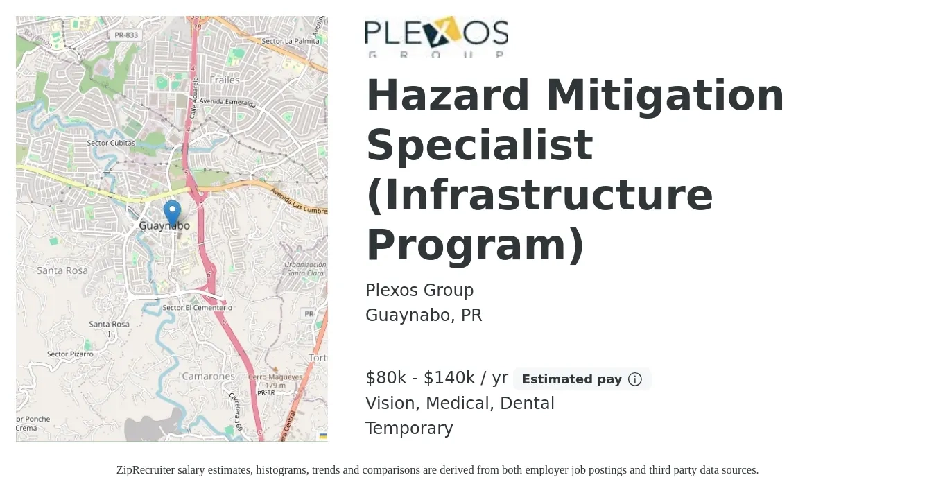 Plexos Group job posting for a Hazard Mitigation Specialist (Infrastructure Program) in Guaynabo, PR with a salary of $80,000 to $140,000 Yearly and benefits including dental, life_insurance, medical, retirement, and vision with a map of Guaynabo location.
