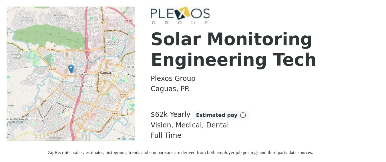 Plexos Group job posting for a Solar Monitoring Engineering Tech in Caguas, PR with a salary of $62,400 Yearly and benefits including life_insurance, medical, pto, retirement, vision, and dental with a map of Caguas location.