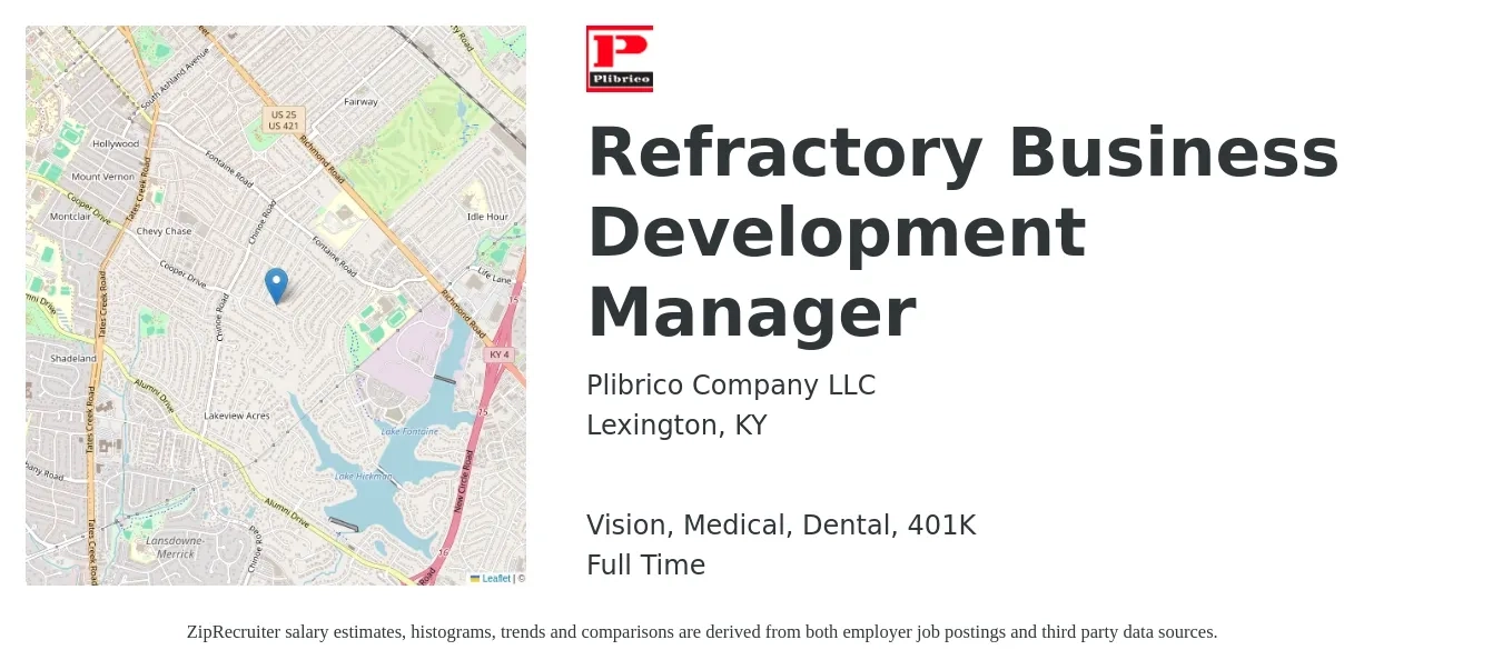 Plibrico Company LLC job posting for a Refractory Business Development Manager in Lexington, KY with a salary of $60,600 to $99,400 Yearly and benefits including vision, 401k, dental, life_insurance, and medical with a map of Lexington location.