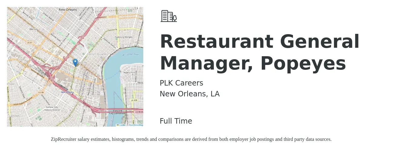 PLK Careers job posting for a Restaurant General Manager, Popeyes in New Orleans, LA with a salary of $51,900 to $71,500 Yearly with a map of New Orleans location.