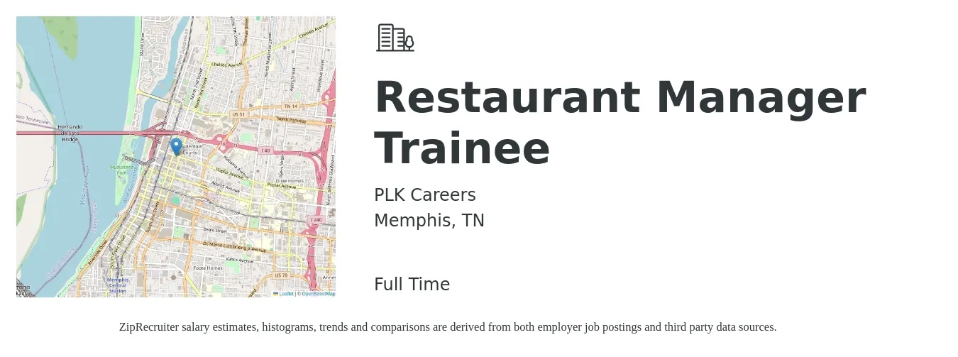 PLK Careers job posting for a Restaurant Manager Trainee in Memphis, TN with a salary of $52,500 to $72,400 Yearly with a map of Memphis location.