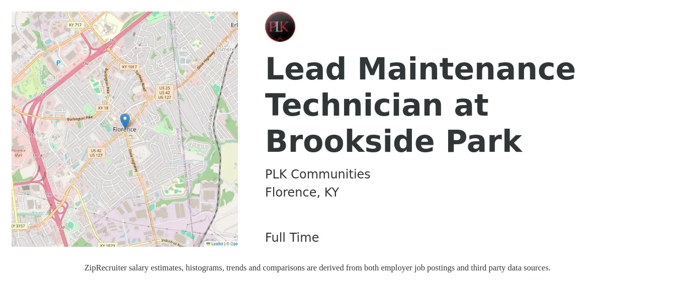 PLK Communities job posting for a Lead Maintenance Technician at Brookside Park in Florence, KY with a salary of $22 to $31 Hourly with a map of Florence location.