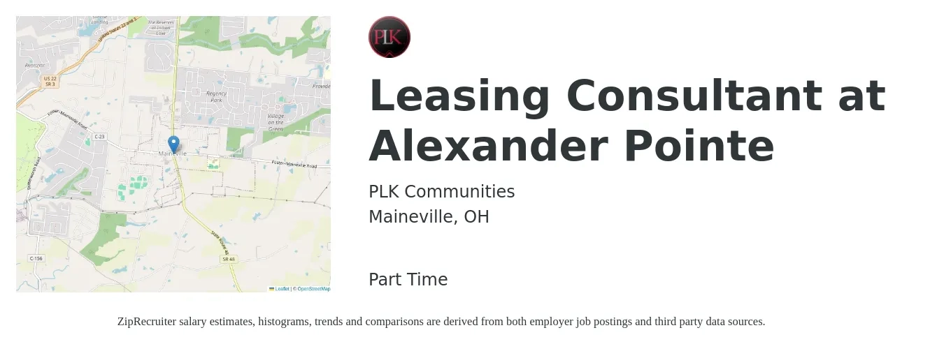 PLK Communities job posting for a Leasing Consultant at Alexander Pointe in Maineville, OH with a salary of $16 to $18 Hourly with a map of Maineville location.
