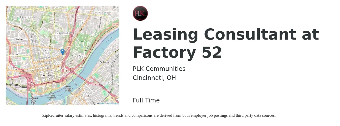 PLK Communities job posting for a Leasing Consultant at Factory 52 in Cincinnati, OH with a salary of $16 to $19 Hourly with a map of Cincinnati location.