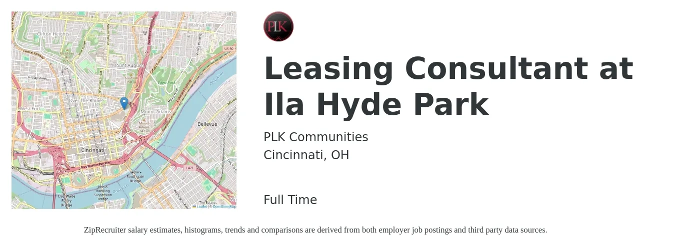PLK Communities job posting for a Leasing Consultant at Ila Hyde Park in Cincinnati, OH with a salary of $16 to $19 Hourly with a map of Cincinnati location.