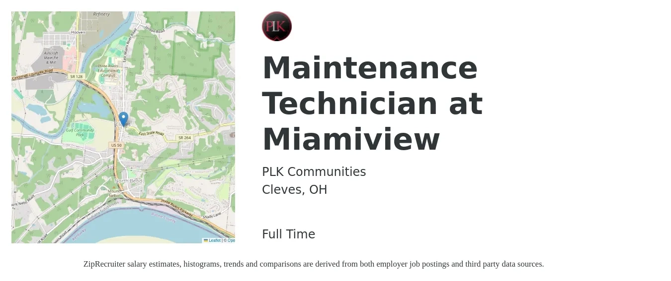 PLK Communities job posting for a Maintenance Technician at Miamiview in Cleves, OH with a salary of $18 to $25 Hourly with a map of Cleves location.