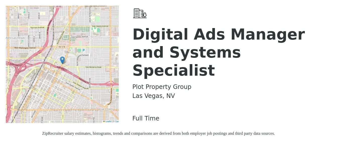 Plot Property Group job posting for a Digital Ads Manager And Systems Specialist in Las Vegas, NV with a salary of $20 Hourly with a map of Las Vegas location.