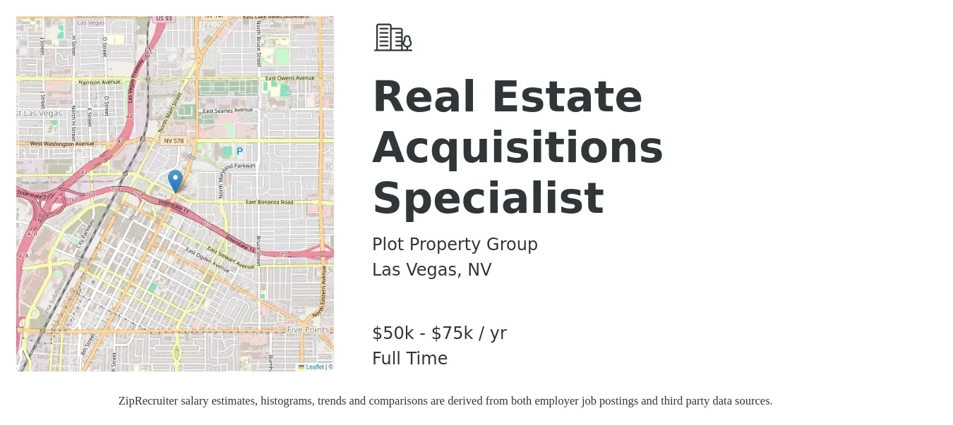 Plot Property Group job posting for a Real Estate Acquisitions Specialist in Las Vegas, NV with a salary of $20 to $25 Hourly with a map of Las Vegas location.