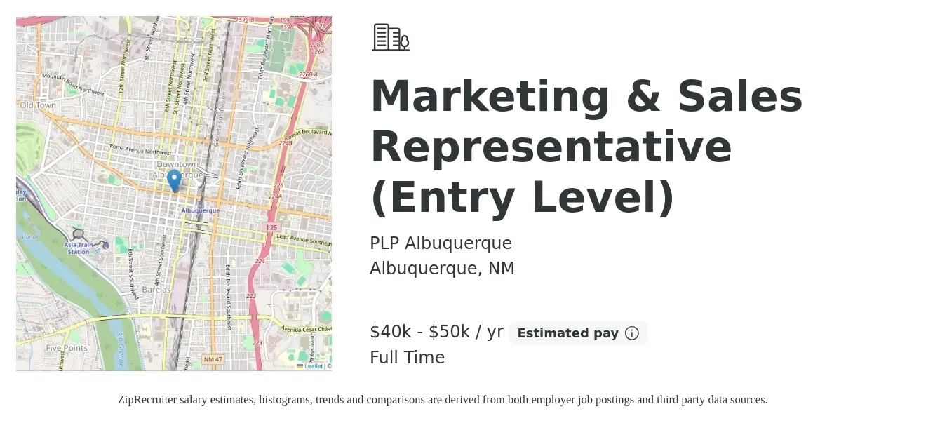 PLP Albuquerque job posting for a Marketing & Sales Representative (Entry Level) in Albuquerque, NM with a salary of $41,200 to $50,900 Yearly with a map of Albuquerque location.