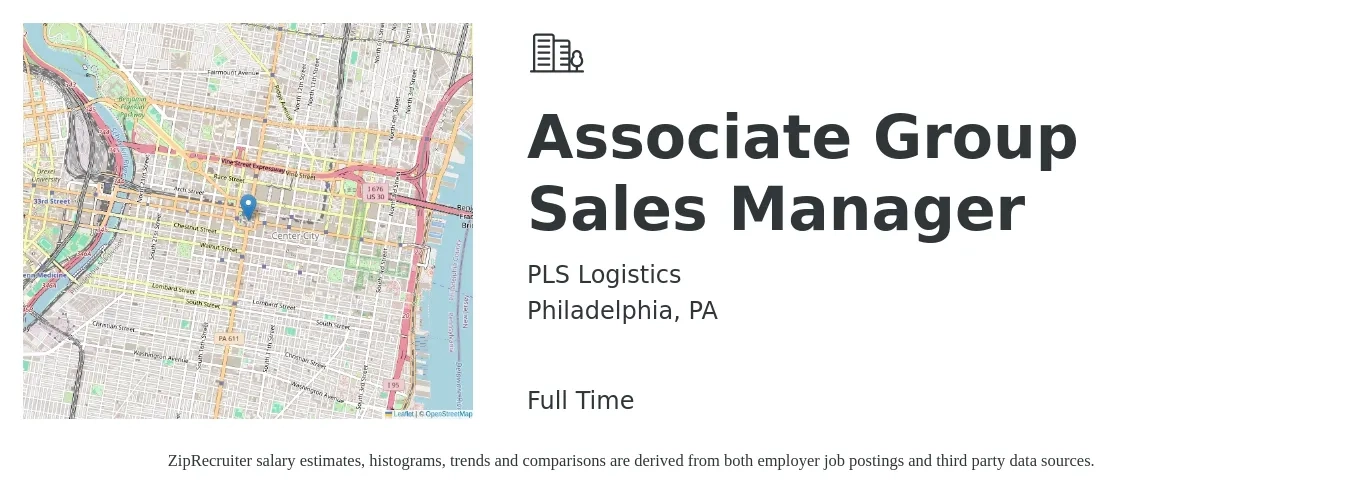PLS Logistics job posting for a Associate Group Sales Manager in Philadelphia, PA with a salary of $18 to $29 Hourly with a map of Philadelphia location.