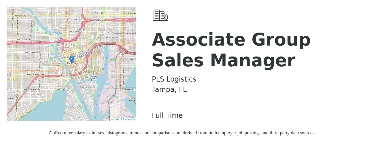 PLS Logistics job posting for a Associate Group Sales Manager in Tampa, FL with a salary of $17 to $27 Hourly with a map of Tampa location.