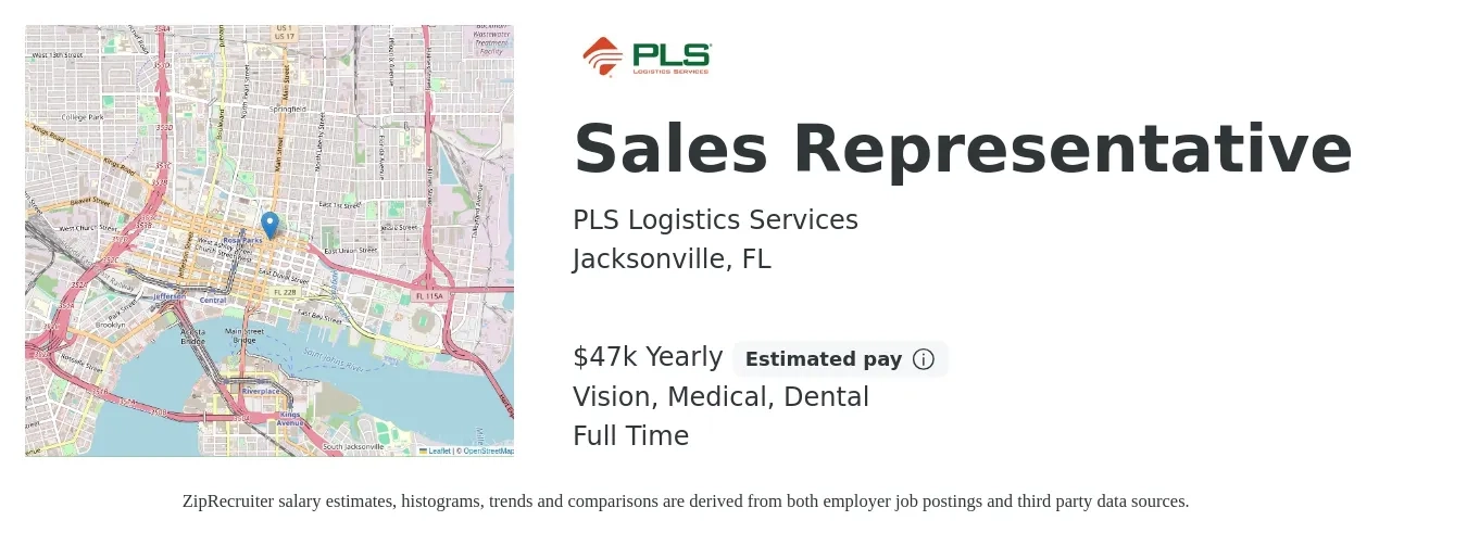 PLS Logistics Services job posting for a Sales Representative in Jacksonville, FL with a salary of $47,000 Yearly (plus commission) and benefits including retirement, vision, dental, life_insurance, and medical with a map of Jacksonville location.
