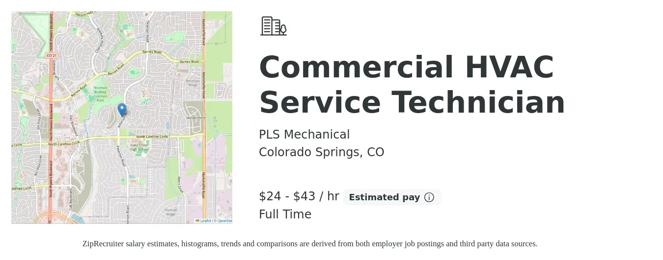 PLS Mechanical job posting for a Commercial HVAC Service Technician in Colorado Springs, CO with a salary of $25 to $45 Hourly with a map of Colorado Springs location.
