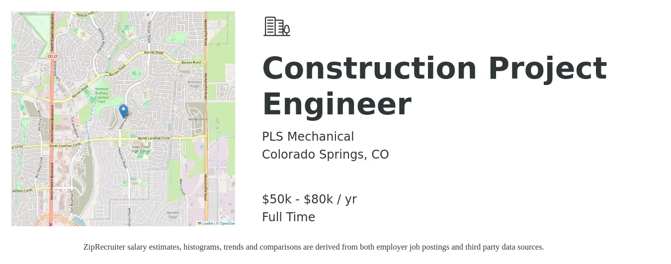 PLS Mechanical job posting for a Construction Project Engineer in Colorado Springs, CO with a salary of $50,000 to $80,000 Yearly with a map of Colorado Springs location.