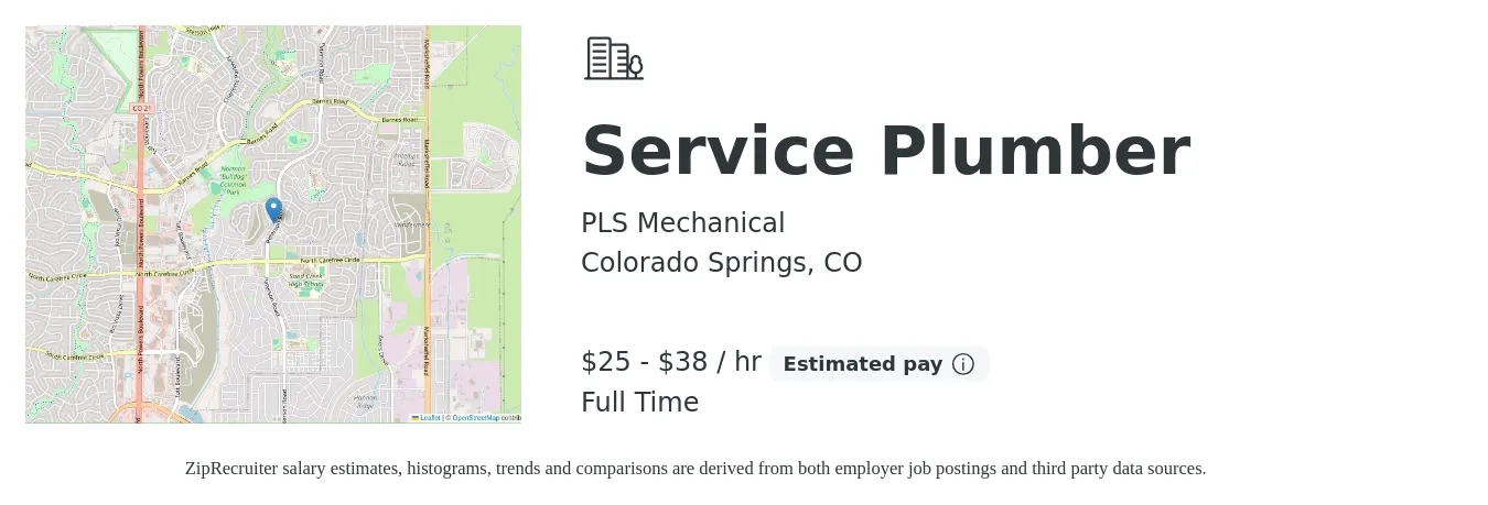 PLS Mechanical job posting for a Service Plumber in Colorado Springs, CO with a salary of $27 to $40 Hourly with a map of Colorado Springs location.