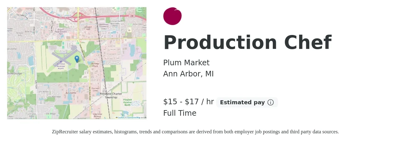 Plum Market job posting for a Production Chef in Ann Arbor, MI with a salary of $16 to $18 Hourly with a map of Ann Arbor location.