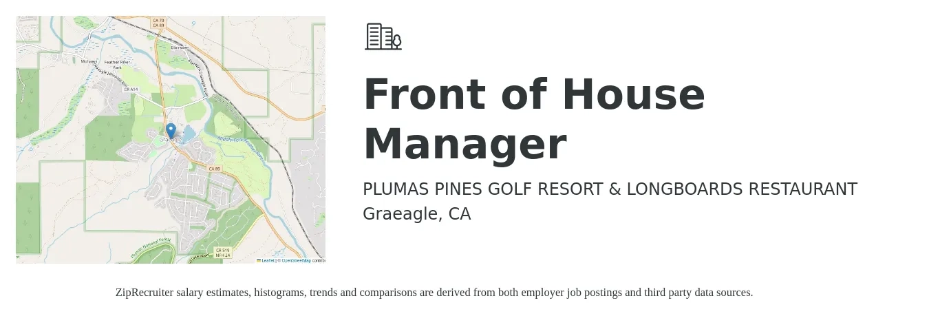 PLUMAS PINES GOLF RESORT & LONGBOARDS RESTAURANT job posting for a Front of House Manager in Graeagle, CA with a salary of $14 to $26 Hourly with a map of Graeagle location.